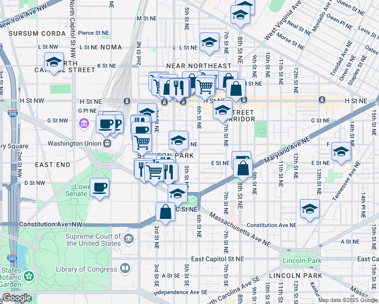 map of restaurants, bars, coffee shops, grocery stores, and more near 519 5th Street Northeast in Washington
