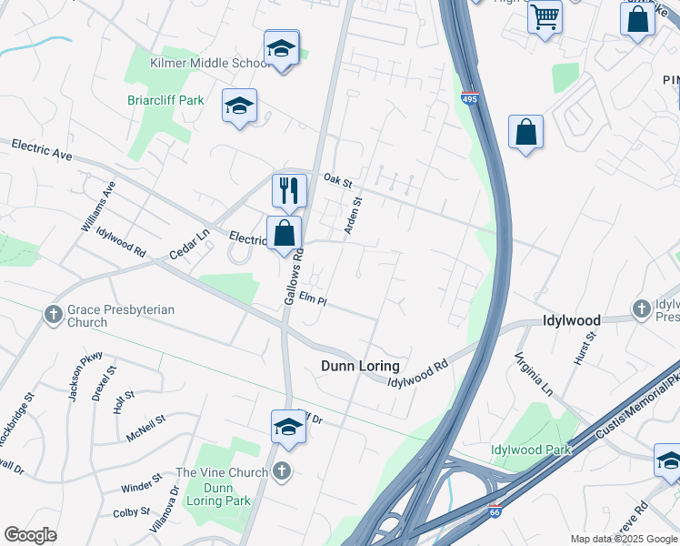 map of restaurants, bars, coffee shops, grocery stores, and more near 2313 Arden Street in Dunn Loring