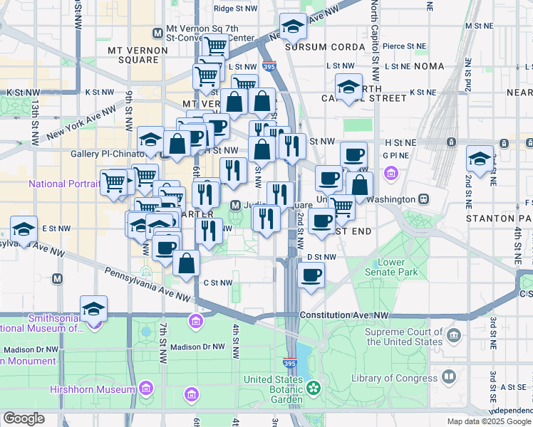 map of restaurants, bars, coffee shops, grocery stores, and more near 555 4th Street Northwest in Washington