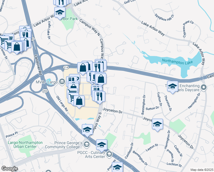 map of restaurants, bars, coffee shops, grocery stores, and more near 10673 Campus Way South in Upper Marlboro