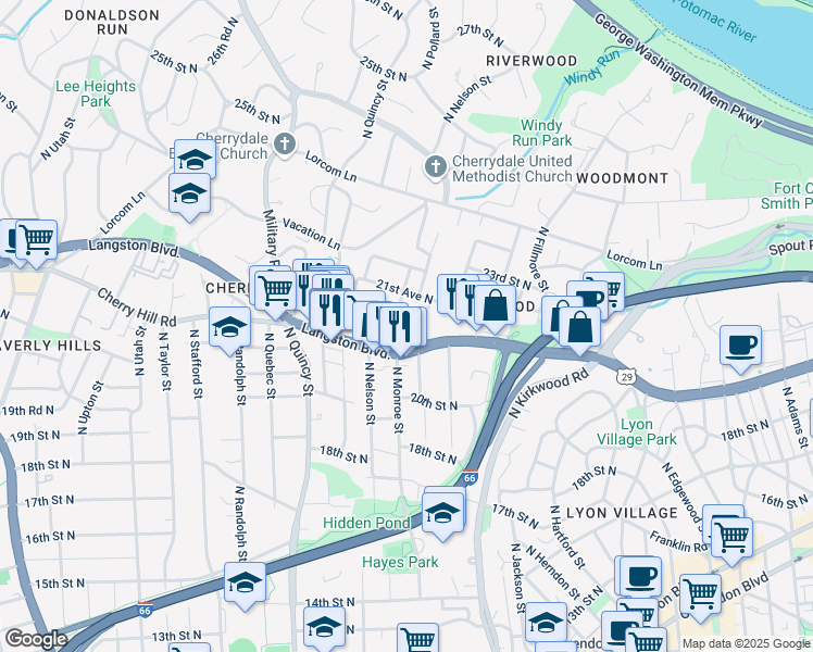 map of restaurants, bars, coffee shops, grocery stores, and more near 2111 North Monroe Street in Arlington