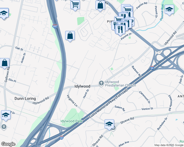 map of restaurants, bars, coffee shops, grocery stores, and more near 2257 Senseney Lane in Falls Church