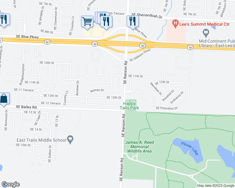 map of restaurants, bars, coffee shops, grocery stores, and more near 1312 Southeast 12th Street in Lee's Summit
