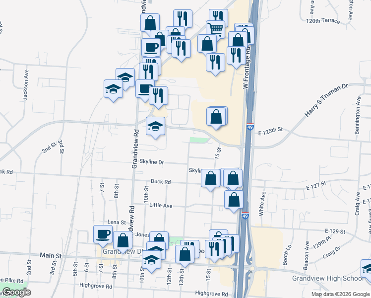map of restaurants, bars, coffee shops, grocery stores, and more near 12520 13th Street in Grandview