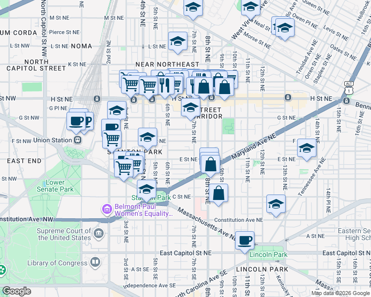 map of restaurants, bars, coffee shops, grocery stores, and more near 101 Independence Avenue Southeast in Washington