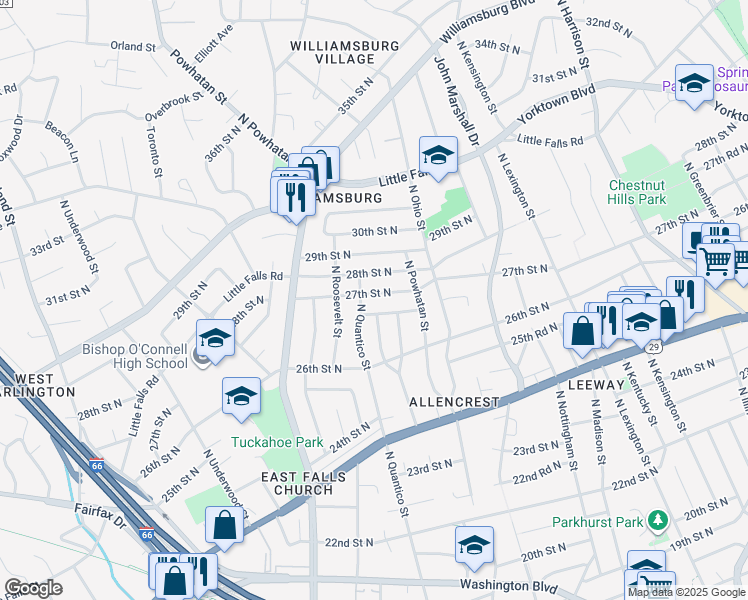 map of restaurants, bars, coffee shops, grocery stores, and more near 6238 27th Street North in Arlington