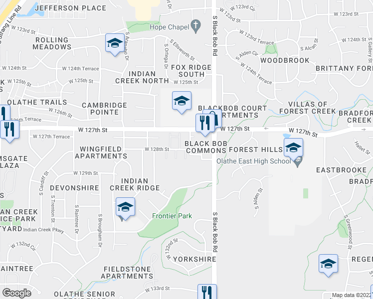 map of restaurants, bars, coffee shops, grocery stores, and more near 15322 West 128th Street in Olathe