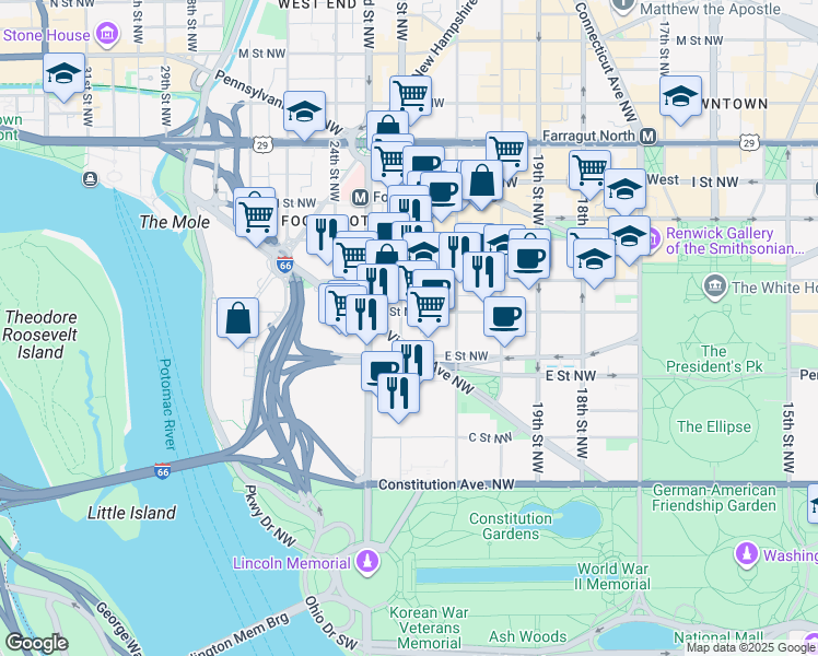 map of restaurants, bars, coffee shops, grocery stores, and more near 515 22nd Street Northwest in Washington