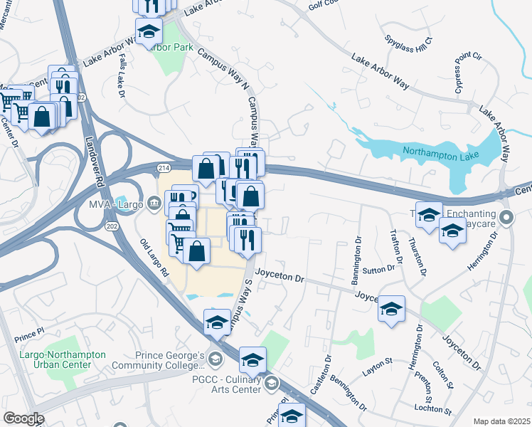 map of restaurants, bars, coffee shops, grocery stores, and more near 10673 Campus Way South in Upper Marlboro