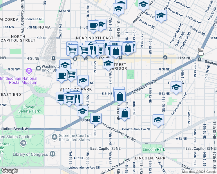 map of restaurants, bars, coffee shops, grocery stores, and more near 522 7th Street Northeast in Washington