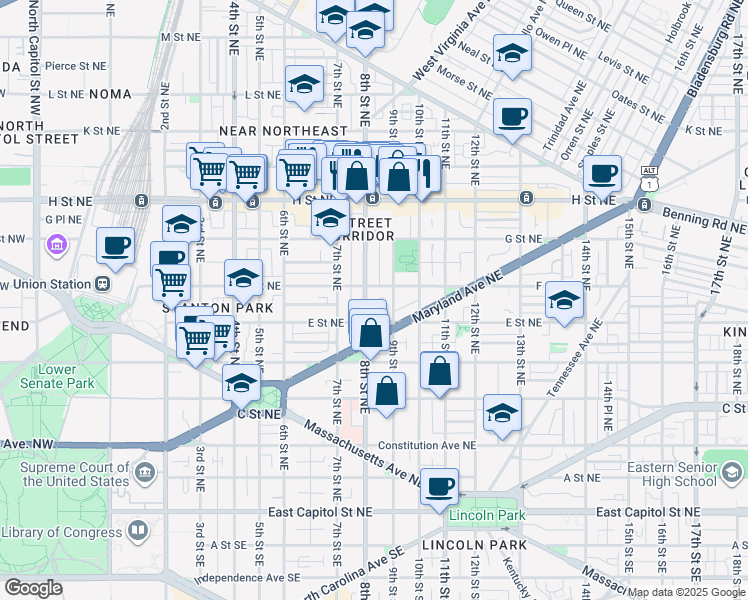 map of restaurants, bars, coffee shops, grocery stores, and more near 101 Independence Avenue Southeast in Washington