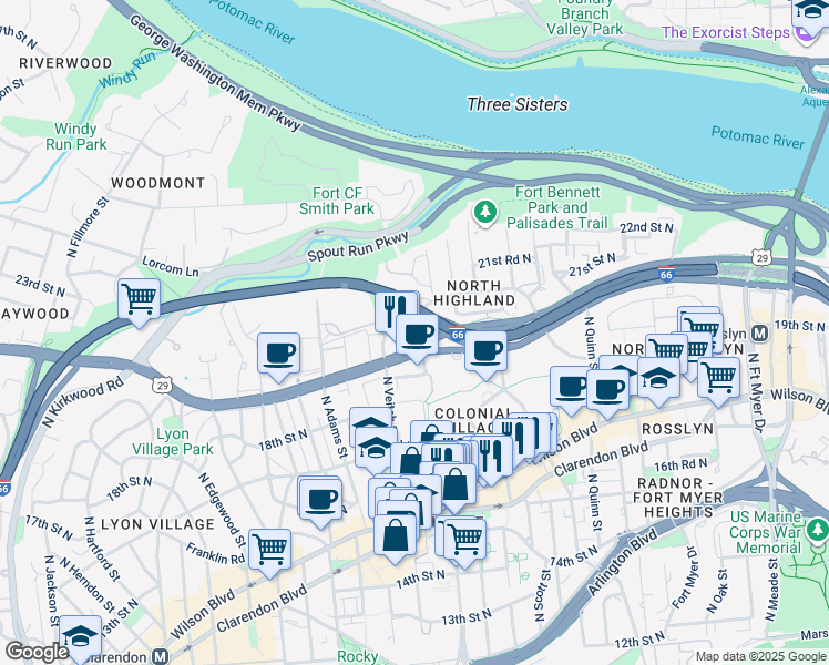 map of restaurants, bars, coffee shops, grocery stores, and more near 1947 North Uhle Street in Arlington