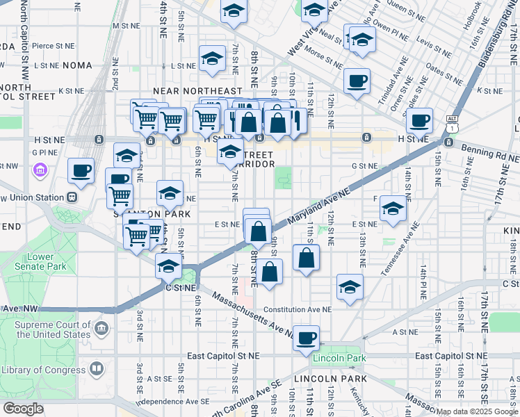 map of restaurants, bars, coffee shops, grocery stores, and more near 523 8th Street Northeast in Washington