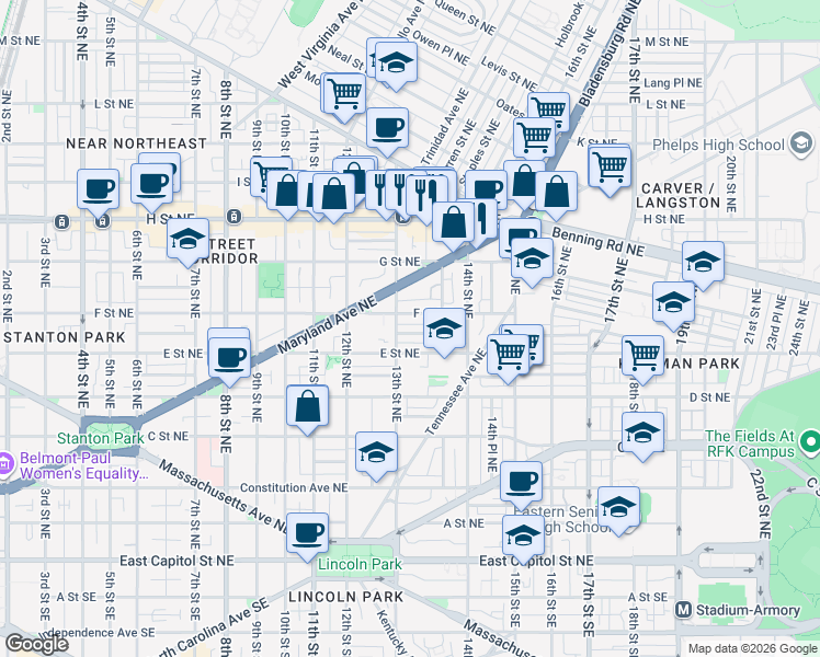 map of restaurants, bars, coffee shops, grocery stores, and more near 101 Independence Avenue Southeast in Washington