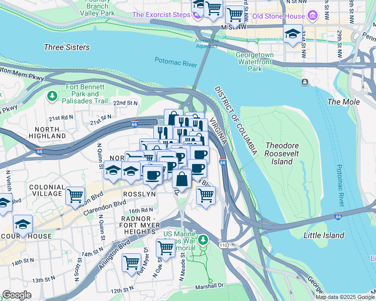map of restaurants, bars, coffee shops, grocery stores, and more near 1800 North Lynn Street in Arlington