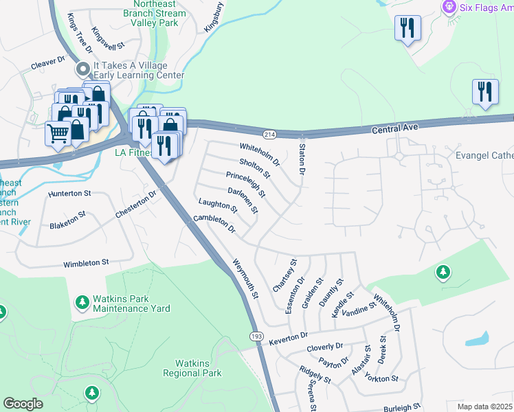 map of restaurants, bars, coffee shops, grocery stores, and more near 12628 Darlenen Street in Upper Marlboro