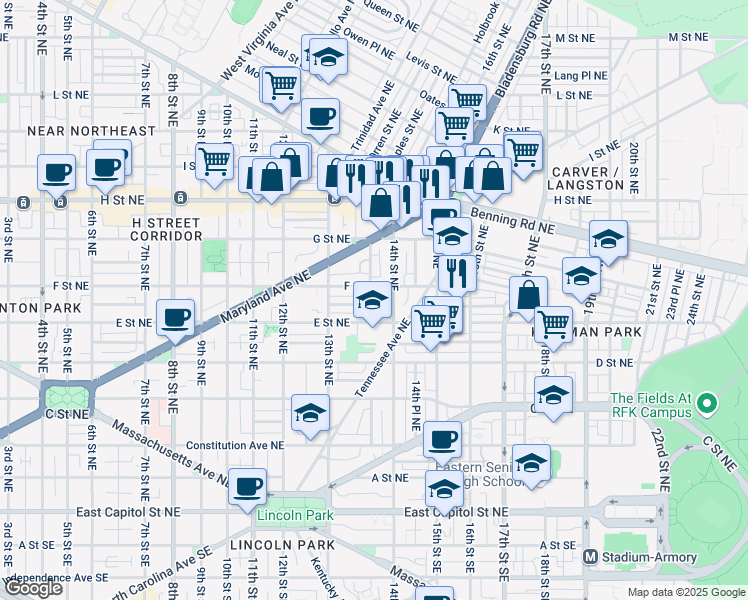 map of restaurants, bars, coffee shops, grocery stores, and more near 1354 Emerald Street Northeast in Washington