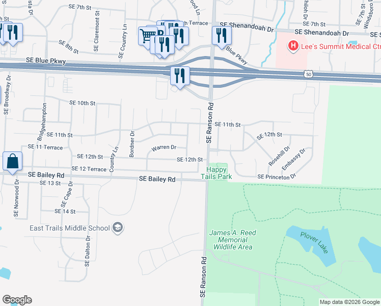 map of restaurants, bars, coffee shops, grocery stores, and more near 1312 Southeast 12th Street in Lee's Summit