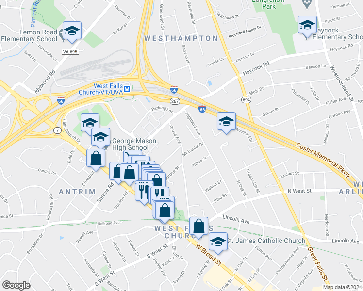 map of restaurants, bars, coffee shops, grocery stores, and more near Grove Ave & Birch St in McLean