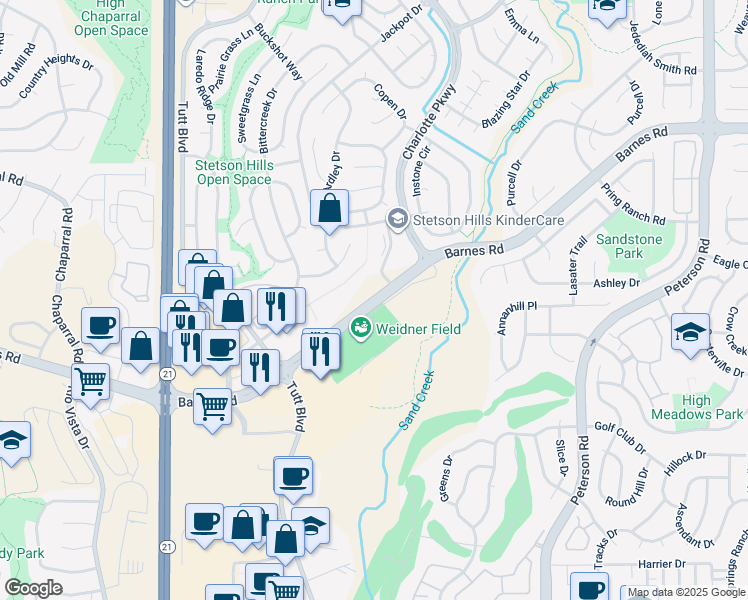 map of restaurants, bars, coffee shops, grocery stores, and more near 6340 Barnes Road in Colorado Springs