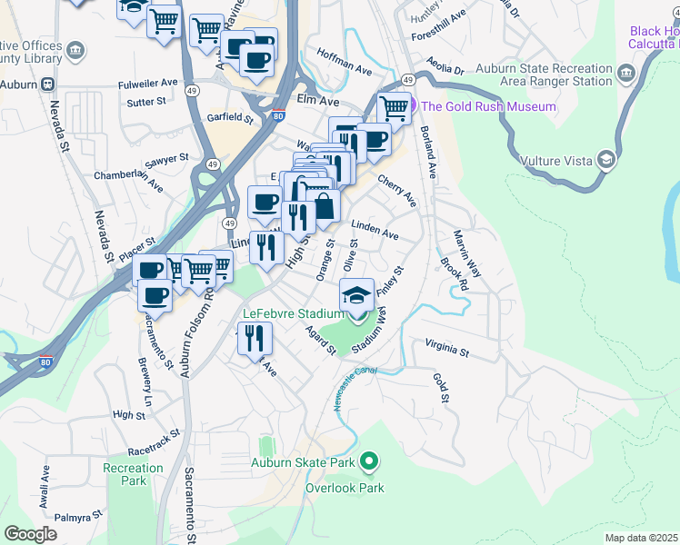 map of restaurants, bars, coffee shops, grocery stores, and more near 199 Orange Street in Auburn