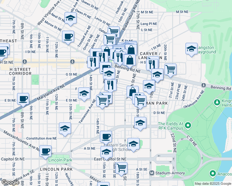 map of restaurants, bars, coffee shops, grocery stores, and more near 101 Independence Avenue Southeast in Washington