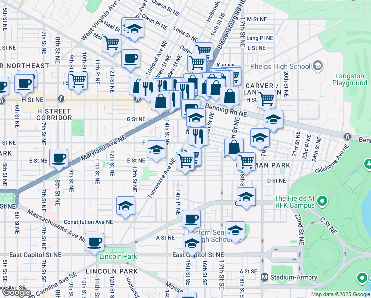 map of restaurants, bars, coffee shops, grocery stores, and more near 101 Independence Avenue Southeast in Washington