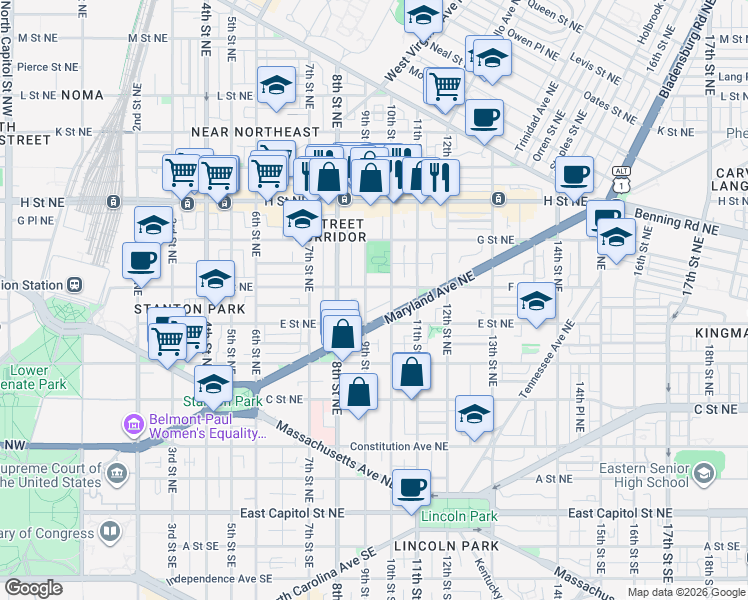 map of restaurants, bars, coffee shops, grocery stores, and more near 101 Independence Avenue Southeast in Washington