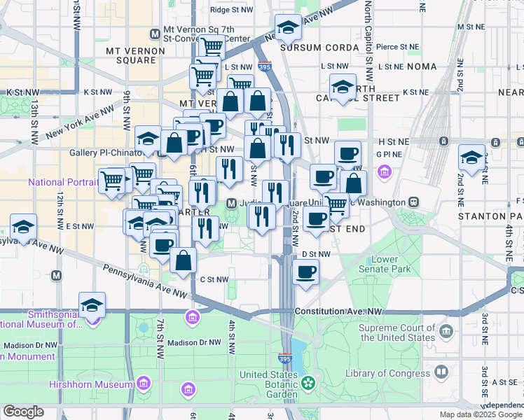 map of restaurants, bars, coffee shops, grocery stores, and more near 101 Independence Avenue Southeast in Washington