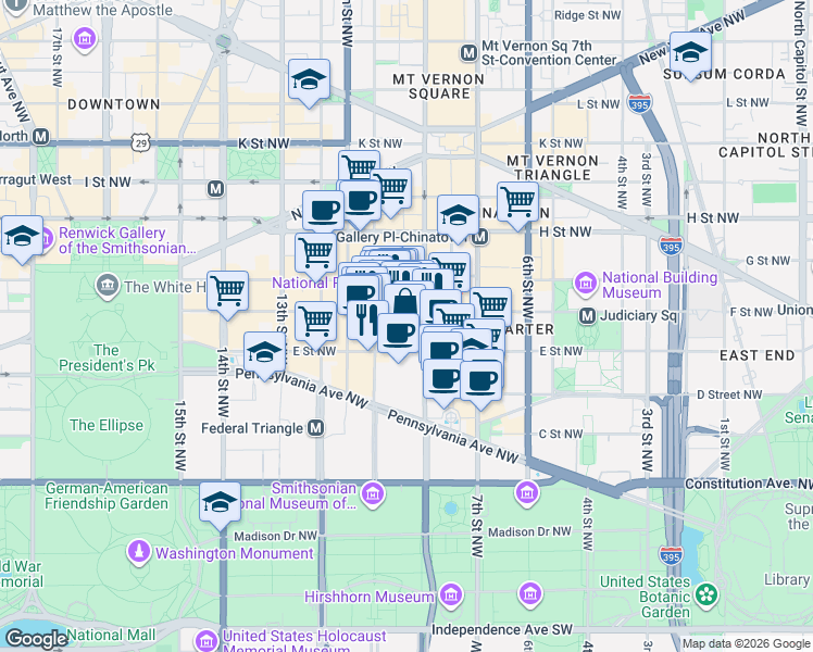 map of restaurants, bars, coffee shops, grocery stores, and more near 101 Independence Avenue Southeast in Washington