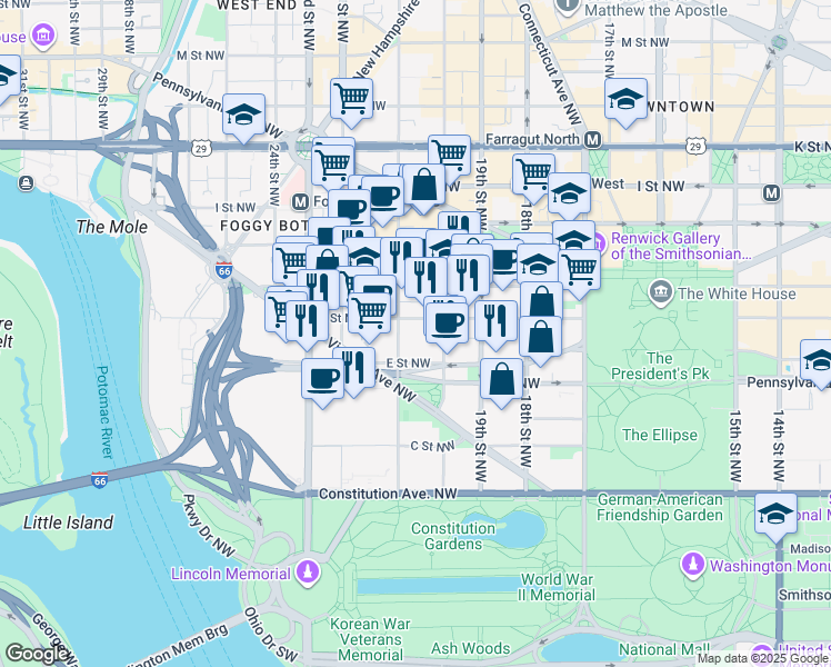 map of restaurants, bars, coffee shops, grocery stores, and more near 101 Independence Avenue Southeast in Washington