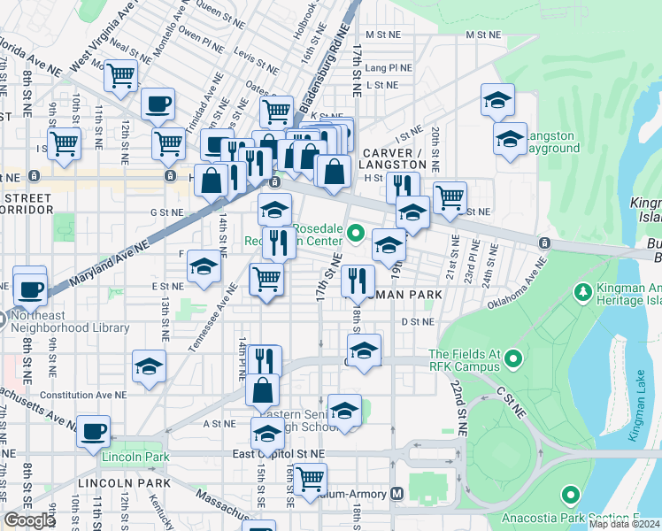 map of restaurants, bars, coffee shops, grocery stores, and more near 604 17th Street Northeast in Washington