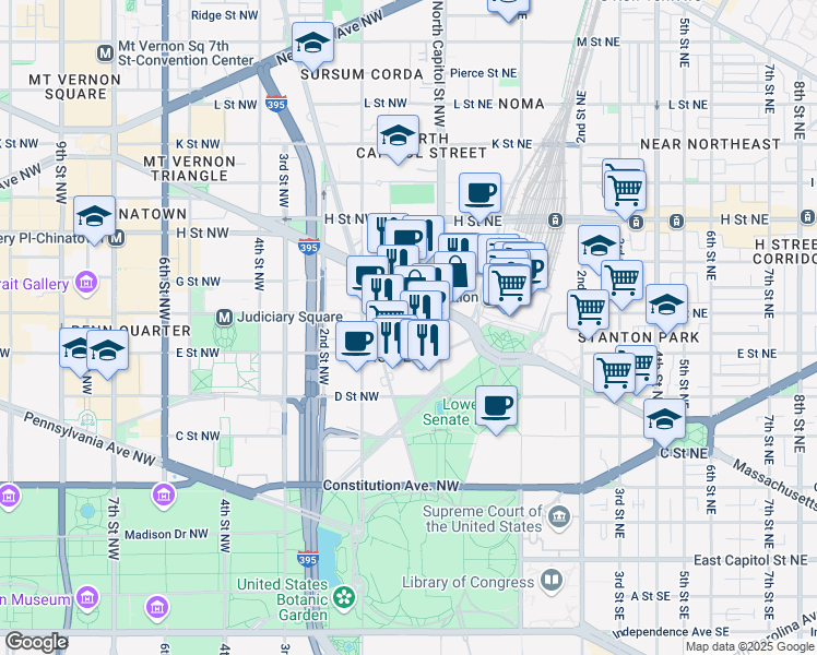map of restaurants, bars, coffee shops, grocery stores, and more near 50 F Street Northwest in Washington