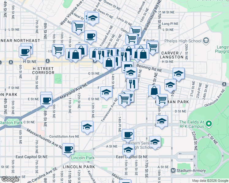 map of restaurants, bars, coffee shops, grocery stores, and more near 101 Independence Avenue Southeast in Washington