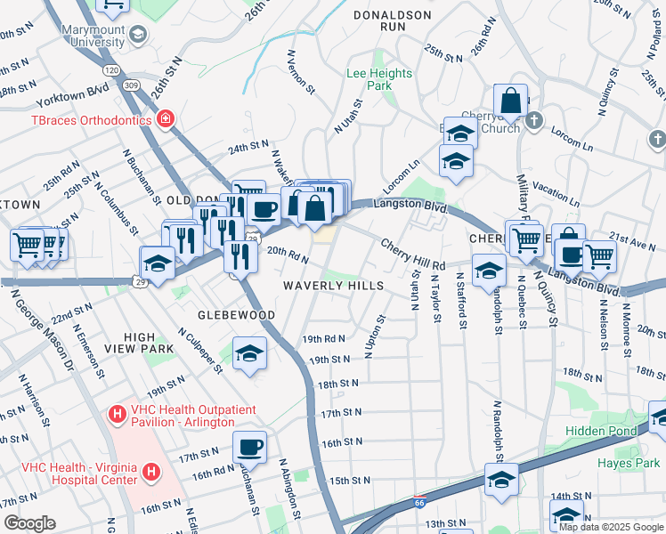 map of restaurants, bars, coffee shops, grocery stores, and more near 2051 North Woodstock Street in Arlington