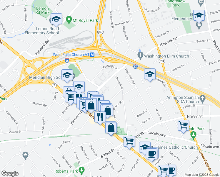 map of restaurants, bars, coffee shops, grocery stores, and more near 7025 Haycock Road in Falls Church