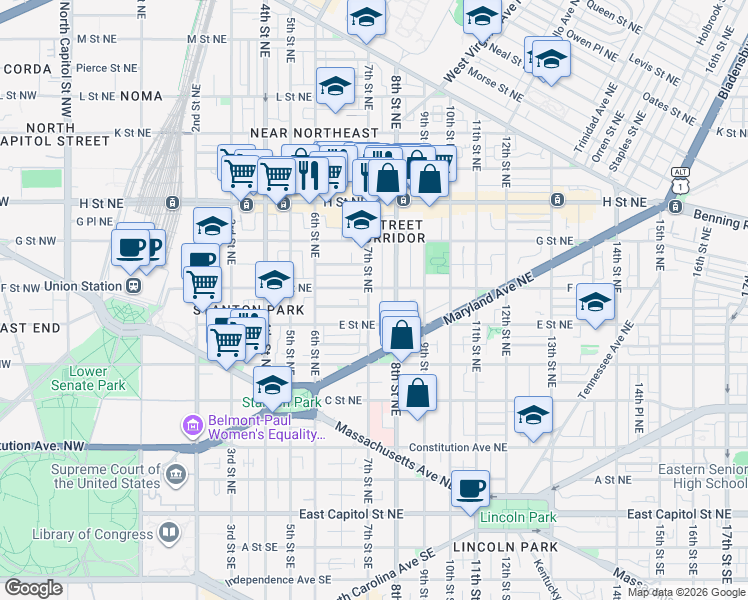 map of restaurants, bars, coffee shops, grocery stores, and more near 101 Independence Avenue Southeast in Washington