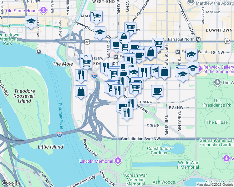 map of restaurants, bars, coffee shops, grocery stores, and more near 500 23rd Street Northwest in Washington