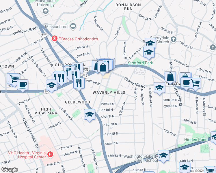 map of restaurants, bars, coffee shops, grocery stores, and more near 2059 North Woodstock Street in Arlington