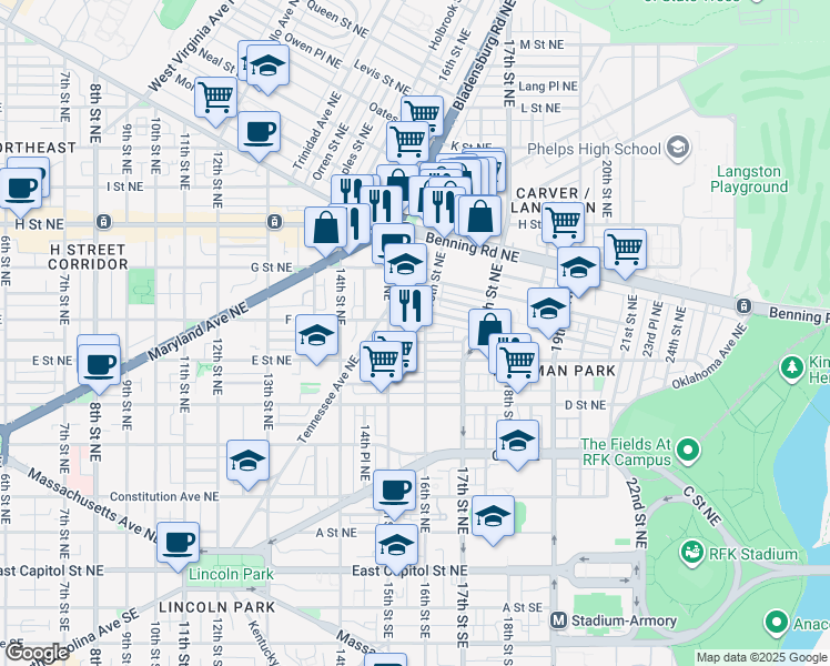 map of restaurants, bars, coffee shops, grocery stores, and more near 101 Independence Avenue Southeast in Washington