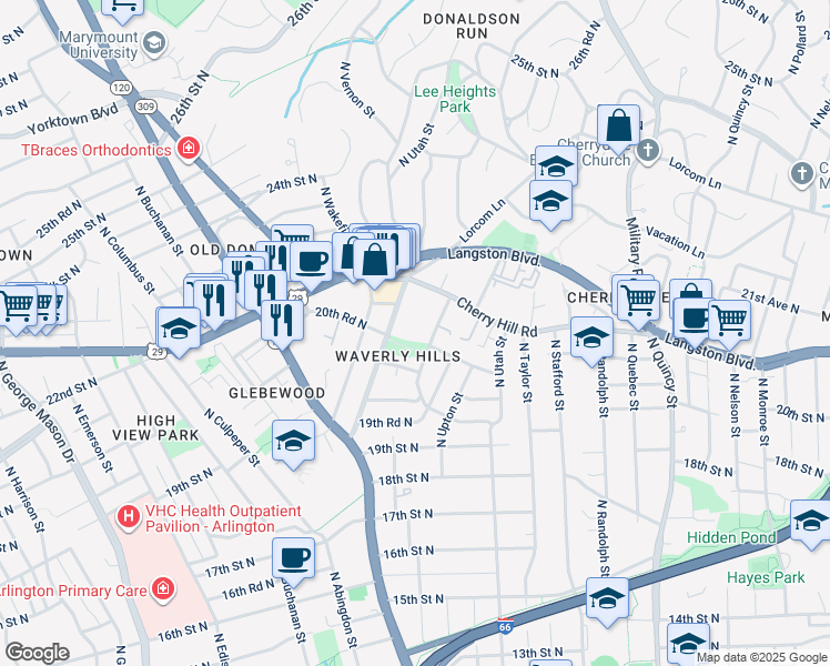 map of restaurants, bars, coffee shops, grocery stores, and more near 2028 North Vermont Street in Arlington