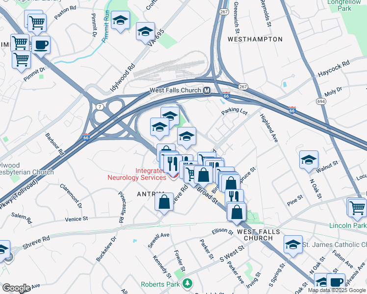 map of restaurants, bars, coffee shops, grocery stores, and more near 255 West Falls Station Boulevard in Falls Church