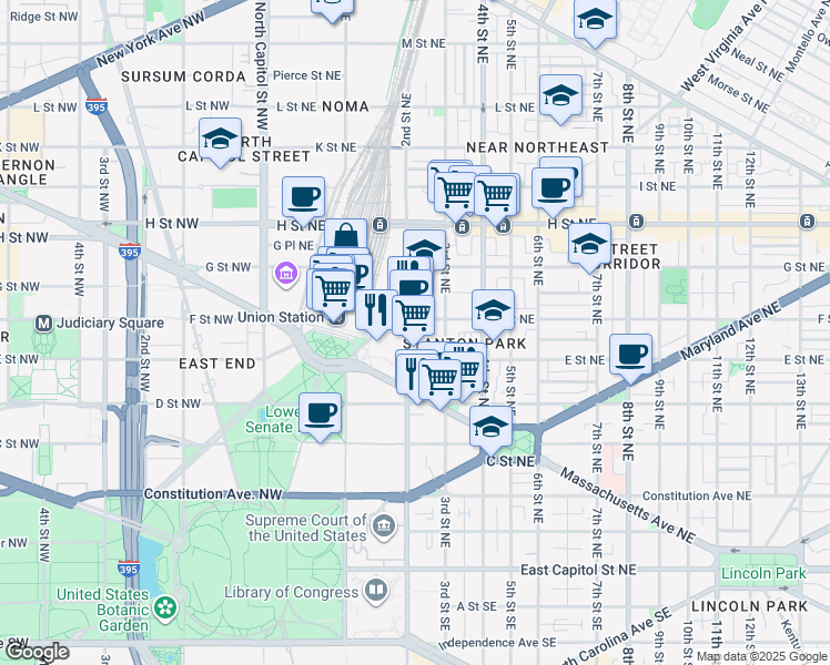 map of restaurants, bars, coffee shops, grocery stores, and more near 101 Independence Avenue Southeast in Washington