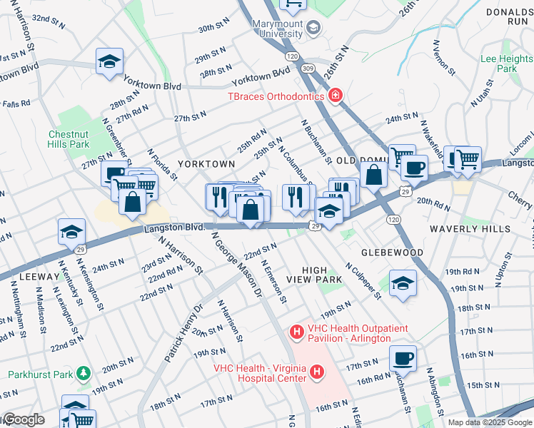 map of restaurants, bars, coffee shops, grocery stores, and more near 2301 North Edison Street in Arlington
