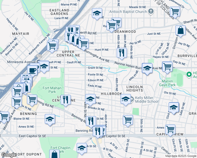 map of restaurants, bars, coffee shops, grocery stores, and more near 4512 Edson Place Northeast in Washington