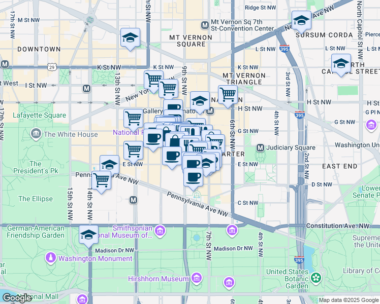map of restaurants, bars, coffee shops, grocery stores, and more near 800 F Street Northwest in Washington