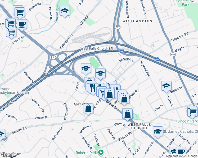 map of restaurants, bars, coffee shops, grocery stores, and more near 255 West Falls Station Boulevard in Falls Church