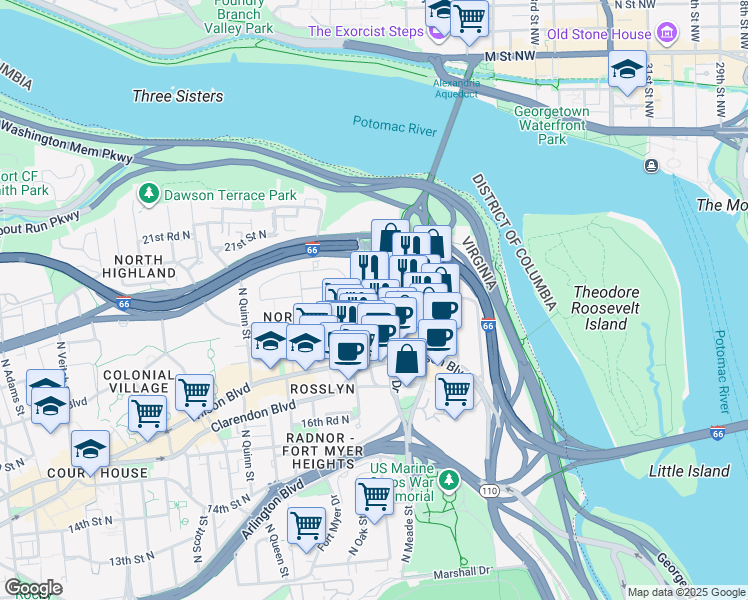 map of restaurants, bars, coffee shops, grocery stores, and more near 1881 North Nash Street in Arlington
