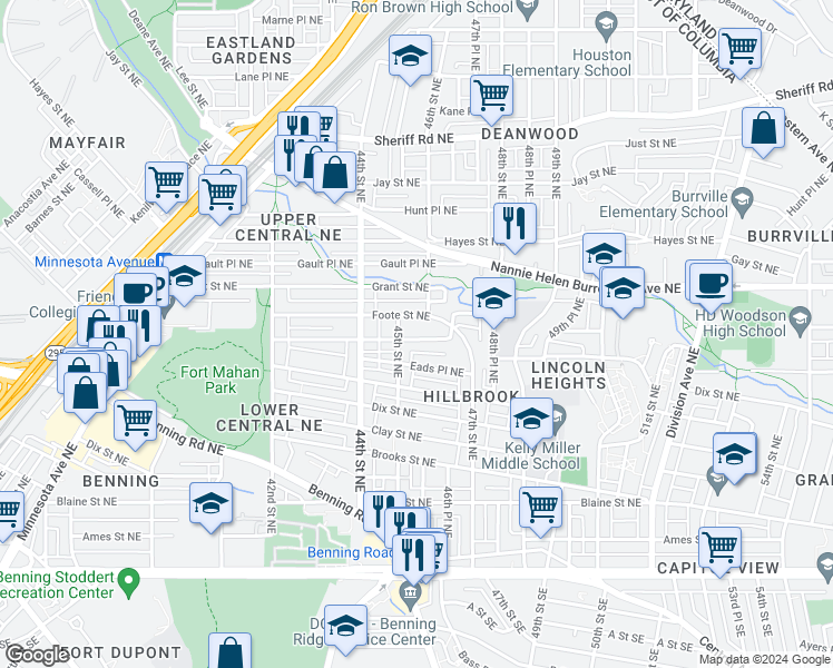 map of restaurants, bars, coffee shops, grocery stores, and more near 4512 Edson Place Northeast in Washington