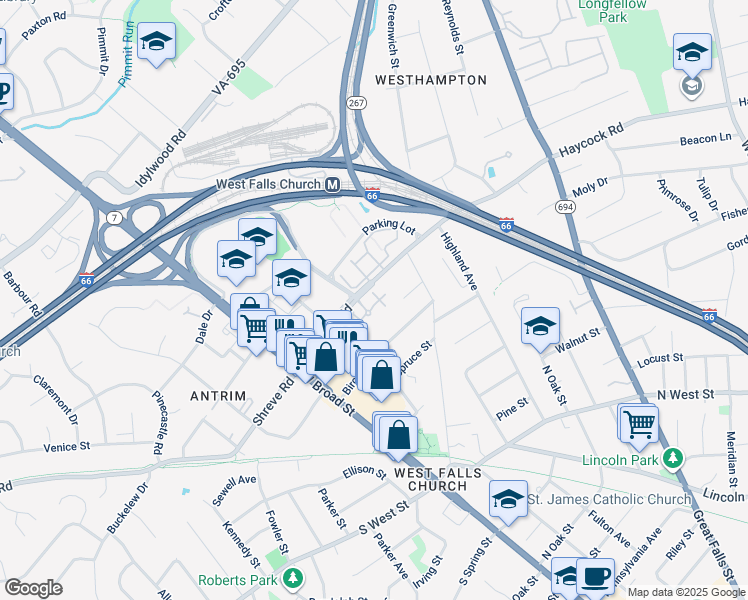 map of restaurants, bars, coffee shops, grocery stores, and more near 7021 Haycock Road in Falls Church